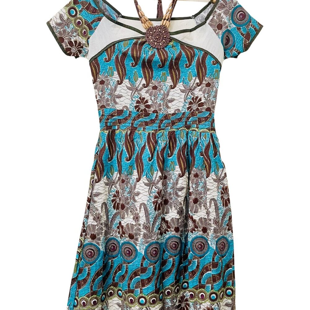 Vintage White, Black, Turquoise + Gold Sparkle Boho Dress Cottagecore Whimsy - Picture 2 of 11